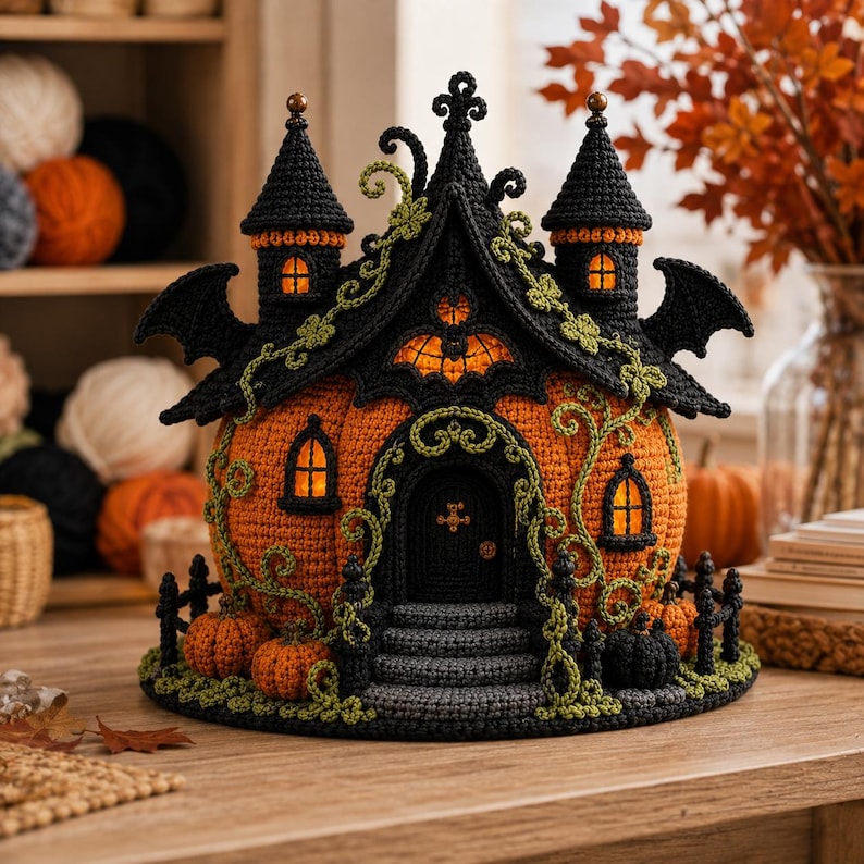 Virkmönster för Halloween-spökhus, pumpaslott i PDF-format, virkad husdekoration med gotisk häxa bild 2