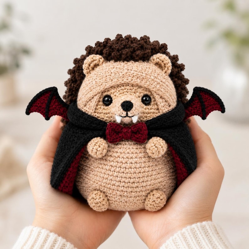 May include: A crocheted hedgehog plush toy featuring a tan body, dark brown textured back, and black vampire cape with a deep red lining. The figure includes small black bat wings, a dark red bow tie, and two white fangs protruding from the mouth.