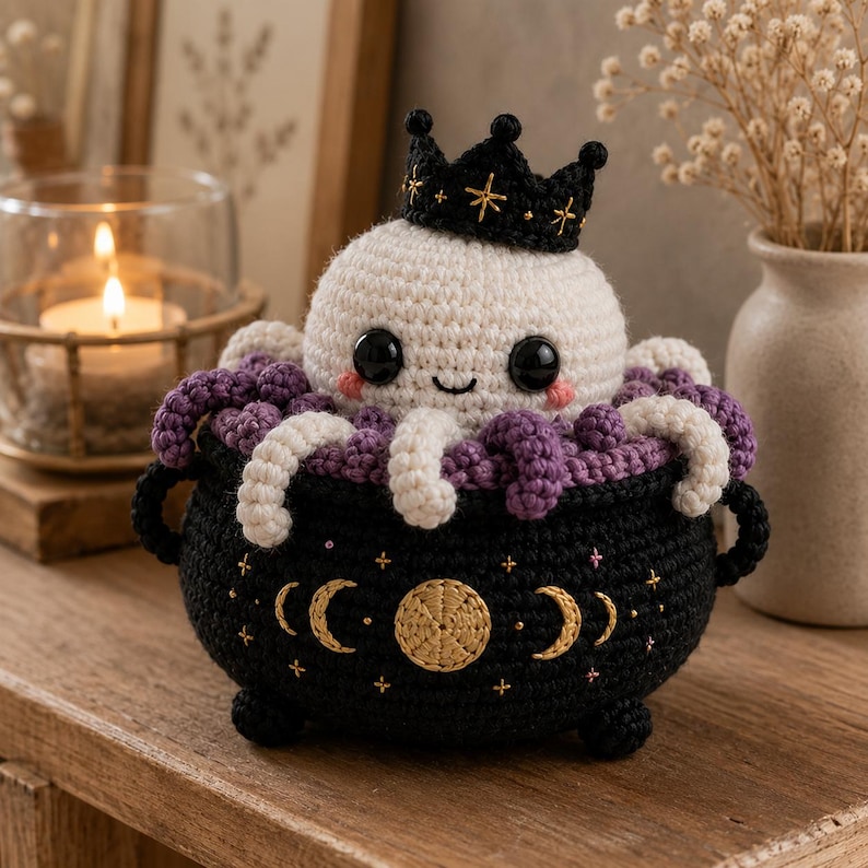 May include: A crocheted white octopus with black eyes and pink cheeks wearing a black crown, sitting inside a black crocheted cauldron. The cauldron features embroidered gold moon phases and small stars, with two side handles and three small feet.