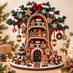 Könnte beinhalten: Ein gehäkeltes Lebkuchenbaumhaus mit drei Regalebenen, gefüllt mit kleinen gehäkelten Weihnachtsleckereien, Lebkuchenfiguren und Ornamenten. Die Struktur ist mit weißen Zuckergussdetails, roten Schleifen und grünem Blattwerk verziert.
