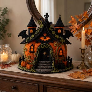 Virkmönster för Halloween-spökhus, pumpaslott i PDF-format, virkad husdekoration med gotisk häxa bild 3