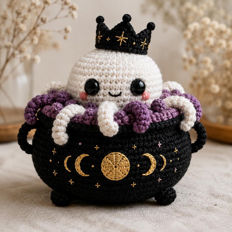 May include: A crocheted white octopus with large black eyes and pink cheeks wearing a black crown, sitting inside a black crocheted cauldron. The cauldron features gold embroidered moon phases and small star accents on its exterior surface.