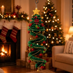 Op de afbeelding: Een spiraalvormige kerstboomhanger van donkergroen haakwerk, bekroond met een gele gehaakte ster. De boom is versierd met kleine rode strikjes, rode bessen, gouden kralen en hangende rode en gouden kerstballen aan een metalen ring.