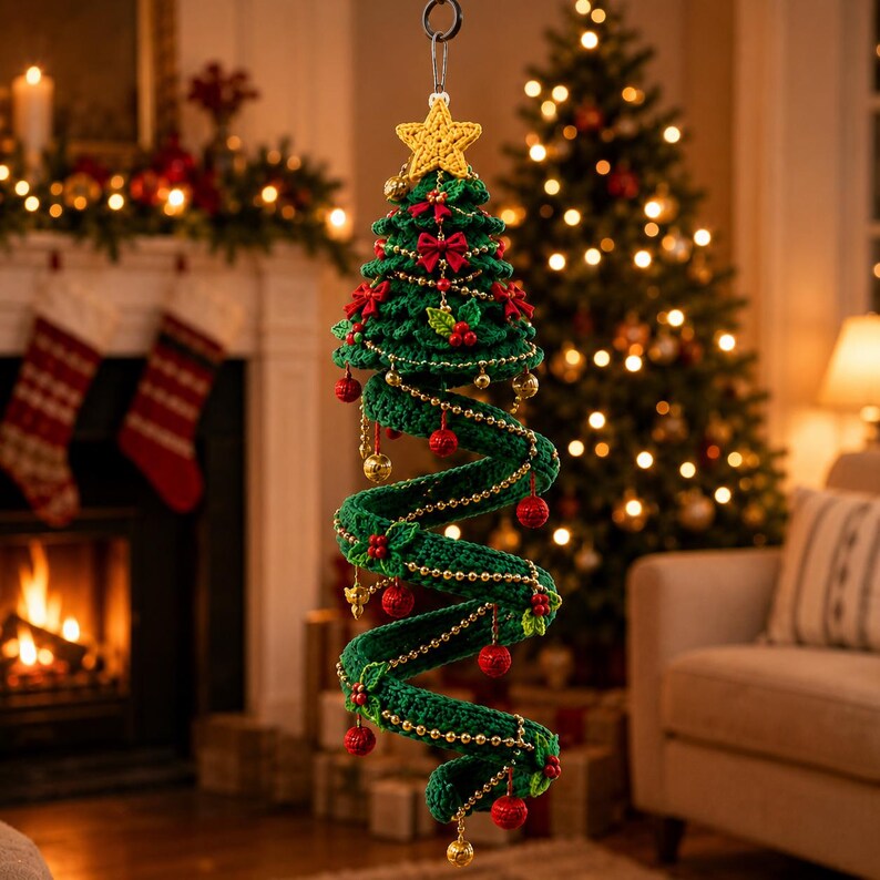 Op de afbeelding: Een spiraalvormige kerstboomhanger van donkergroen haakwerk, bekroond met een gele gehaakte ster. De boom is versierd met kleine rode strikjes, rode bessen, gouden kralen en hangende rode en gouden kerstballen aan een metalen ring.