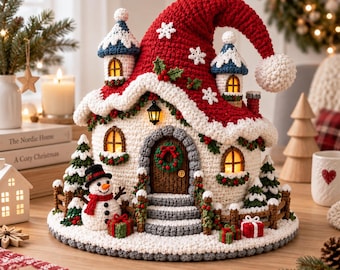 Christmas Santa House Crochet Pattern, Snowy Santa Hat Cottage PDF, Snowman Village Decor, Instant Digital Download