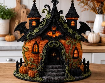Halloween Haunted House Crochet Pattern, Pumpkin Castle PDF, Gothic Witch Crochet House Decor