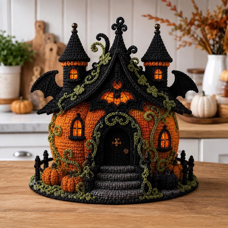 Virkmönster för Halloween-spökhus, pumpaslott i PDF-format, virkad husdekoration med gotisk häxa bild 1