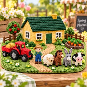 Op de afbeelding: Een gehaakte boerderijspeelset met een geel huis met een groen dak, een rode tractor met een aanhanger met hooibalen, een boerenfiguur en vier dieren, waaronder een schaap, paard, ezel en koe, op een groene ondergrond met een moestuin.