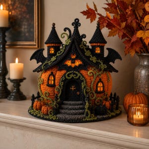 Virkmönster för Halloween-spökhus, pumpaslott i PDF-format, virkad husdekoration med gotisk häxa bild 5