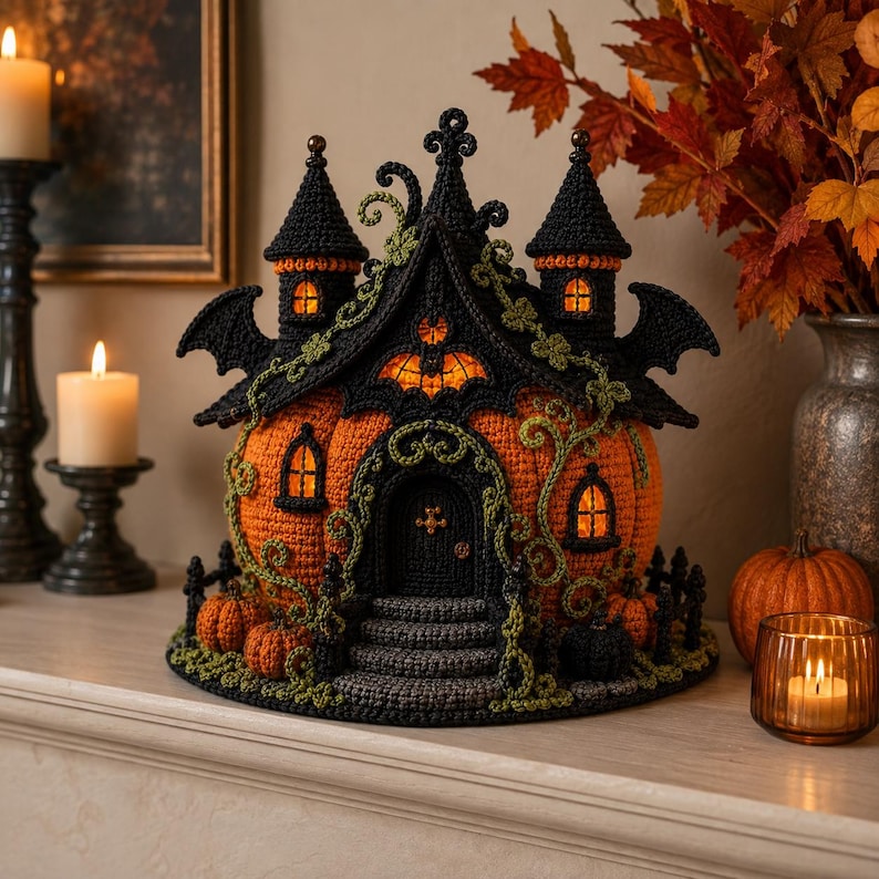 Virkmönster för Halloween-spökhus, pumpaslott i PDF-format, virkad husdekoration med gotisk häxa bild 5