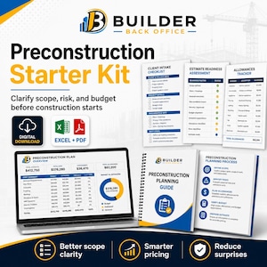 May include: A digital preconstruction starter kit featuring a laptop displaying a budget overview, a spiral-bound planning guide, and three checklists for client intake, estimate readiness, and allowances tracker, all with blue and yellow branding.