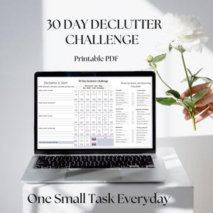 May include: A laptop screen displaying a 30 Day Declutter Challenge printable PDF with a grid of daily tasks, a declutter and sort section, and a room-by-room checklist. The text 30 Day Declutter Challenge and One Small Task Everyday is visible.