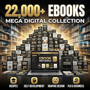 Könnte beinhalten: Eine digitale Sammlung von über 22.000 E-Books, dargestellt als Pyramide aus Buchcovern hinter einem Laptop und einem Tablet. Der Bildschirm zeigt EBOOK MEGA BUNDLE und PREMIUM COLLECTION. Symbole für Rezepte, Selbstentwicklung, Grafikdesign und Business sind unten zu sehen.