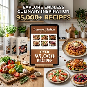 Puede incluir: Una tableta que muestra la colección digital Gourmet Kitchen con más de 95,000 recetas, rodeada de tres libros de cocina, productos frescos, pasta y platos preparados que incluyen espaguetis, pollo asado y una tarta de bayas.