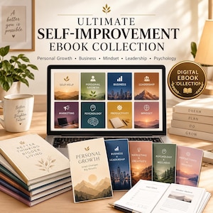 Può includere: Una collezione di ebook digitali con un portatile che mostra otto icone di categoria, tra cui auto-aiuto, crescita personale, business, leadership, marketing, psicologia, produttività e mentalità. Diversi libri e un'agenda sono disposti sulla scrivania.