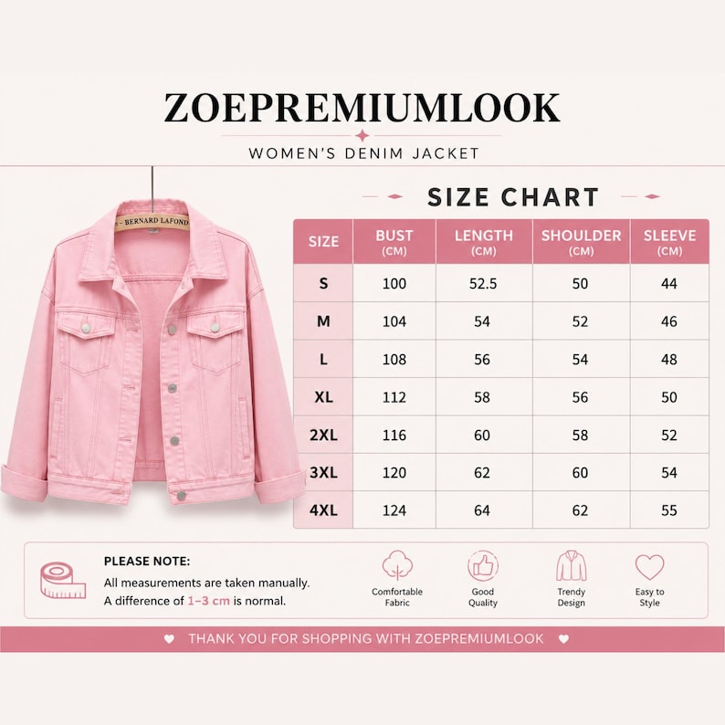 May include: A light pink denim jacket with a collar, button-front closure, and two chest pockets. The image includes a size chart with measurements in centimeters for sizes S through 4XL, labeled ZOEPREMIUMLOOK, and a note about manual measurements.