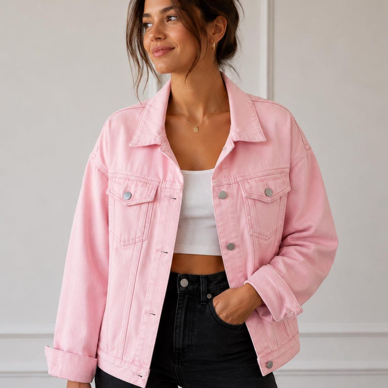 May include: A light pink denim jacket featuring a classic collar, long sleeves with buttoned cuffs, and two chest pockets with button-down flaps. The jacket has a front button closure with silver-toned metal buttons and a structured, relaxed fit.