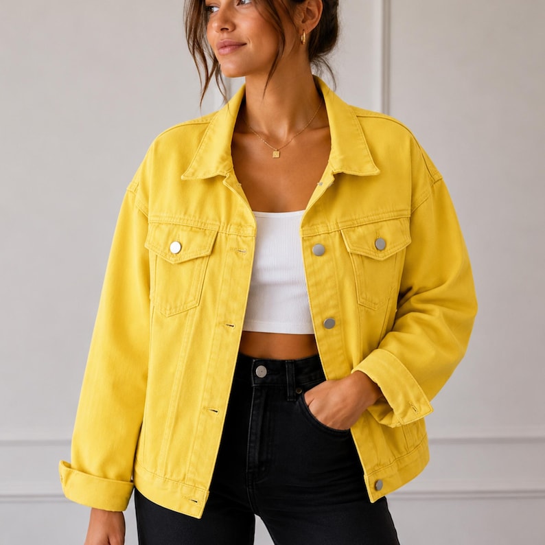 May include: A bright yellow denim jacket featuring a classic collar, long sleeves with folded cuffs, and two chest pockets with silver-toned metal buttons. The jacket is worn open over a plain white crop top and black high-waisted denim pants.