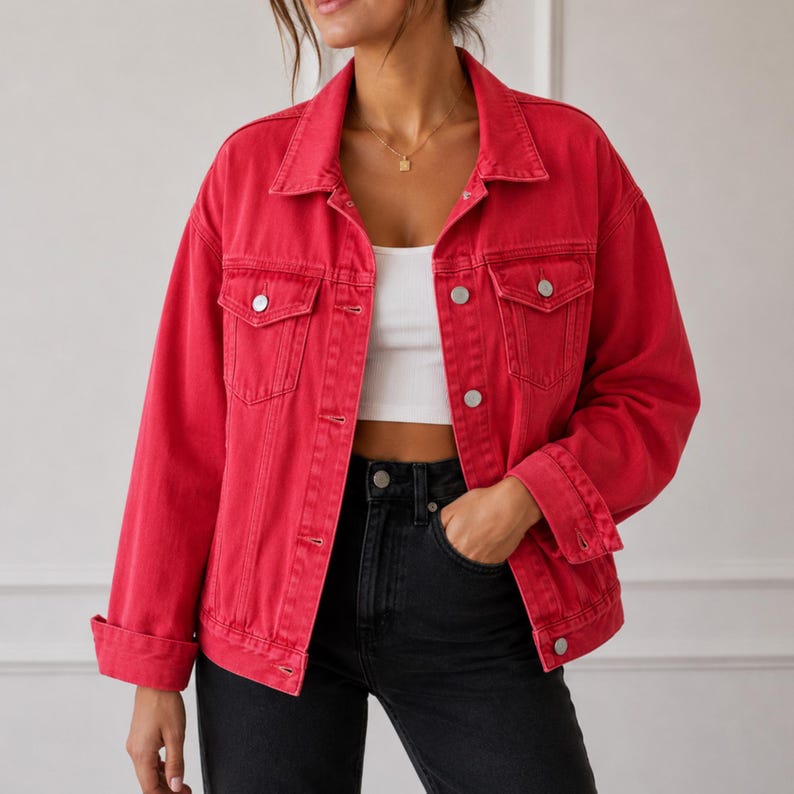 May include: A bright red denim jacket featuring a classic collar, long sleeves with buttoned cuffs, and two chest pockets with button-down flaps. The jacket is worn open over a plain white crop top, paired with black denim jeans with a button fly.