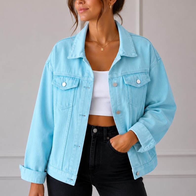 Oversized Women's Denim Jacket, Loose Fit Casual Jean Coat, Lightweight Spring Outerwear Sky blue