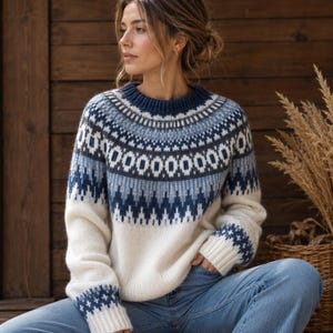 Nordic Fair Isle Knit Sweater, Cozy Oversized Pullover, Cream Blue Grey Knitwear