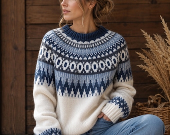 Nordic Fair Isle Knit Sweater, Cozy Oversized Pullover, Cream Blue Grey Knitwear