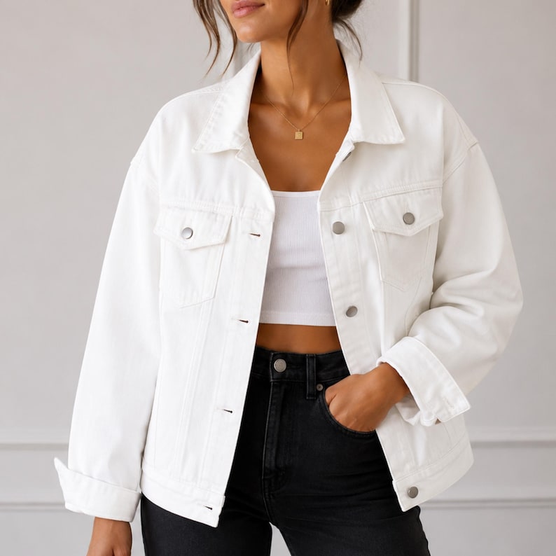 May include: A crisp white denim jacket featuring a classic collar, long sleeves with buttoned cuffs, and two chest pockets with silver-toned metal buttons. The jacket is worn open over a plain white crop top and paired with high-waisted black jeans.