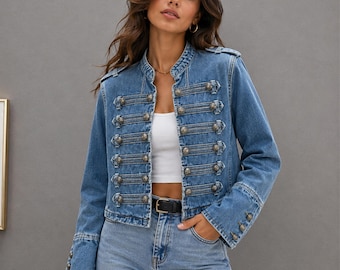 Zweireihige Damen-Jeansjacke, langärmeliger Streetwear-Mantel mit Knöpfen