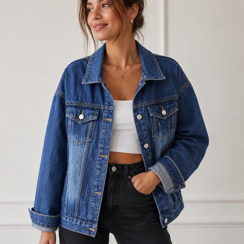May include: A medium-wash blue denim jacket featuring a classic collar, long sleeves with folded cuffs, two chest pockets with button flaps, and a front button closure. The jacket has a relaxed fit with subtle distressed vertical detailing on the front.