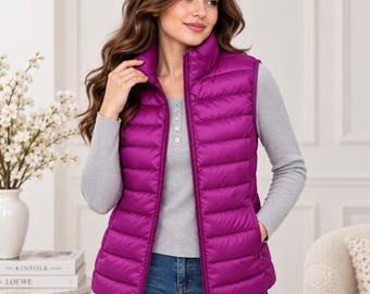 Women's Lightweight Quilted Puffer Vest, Stand Collar Gilet, Casual Layering Waistcoat