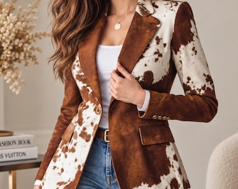 Women's Brown Cow Print Blazer, Western Style Lapel Jacket