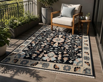 Hand Knotted Wool Area Rug | Black Floral Persian Style Rug | Handmade Oriental Carpet | Living Room Rug | Luxury Home Decor | Oushak Rug