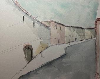 Straßenszene | Original-Aquarell- und Tuschezeichnung | Kunstwerk Nr. 963