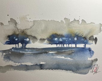 Baumgrenze in der Abenddämmerung | Original-Aquarell- und Tuschezeichnung | Kunstwerk Nr. 883