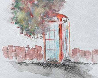 Londoner Telefonzelle | Original-Aquarell- und Tuschezeichnung | Kunstwerk Nr. 996