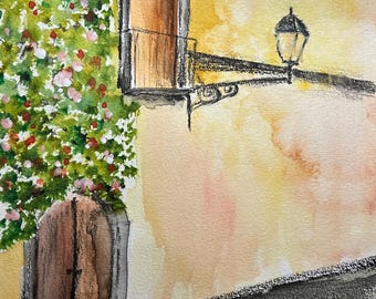 Mediterrane Ecke | Original-Aquarell- und Tuschezeichnung | Kunstwerk Nr. 874