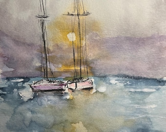 Segelboote | Original-Aquarell- und Tuschezeichnung | Kunstwerk Nr. 965