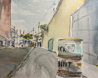 Straßenszene | Original-Aquarell- und Tuschezeichnung | Kunstwerk Nr. 924