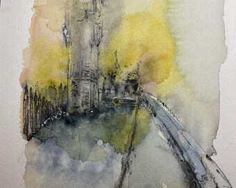 Kanal und Turm | Original-Aquarell- und Tuschezeichnung | Kunstwerk Nr. 880
