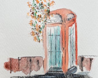 Die Telefonzelle | Original-Aquarell- und Tuschezeichnung | Kunstwerk Nr. 997