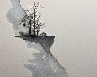 Schwebende Insel | Original-Aquarell- und Tuschegemälde | Kunstwerk Nr. 864