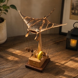 Wooden Manta Ray Kinetic Sculpture, USB-C Moving Automata Desk Decor
