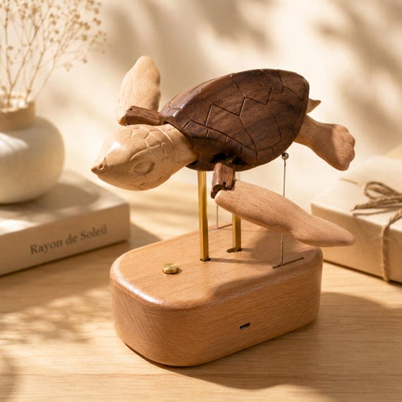 A hand-carved wooden automata sea turtle that actually moves — the kind of desk piece people stop and stare at.