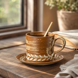 Peut inclure: Une tasse en céramique brune avec sa soucoupe assortie, ornée d'un motif de feuilles blanches peint à la main à la base. La tasse possède une anse incurvée et contient un bâtonnet mélangeur clair. L'émail présente un aspect terreux et texturé.