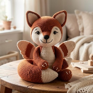 May include: A crocheted fox plush toy featuring rust-orange and cream yarn. The fox has pointed ears, a stitched black nose and mouth, two small wings on its back, and a curled tail with a cream-colored tip. The toy is crafted with a textured stitch.