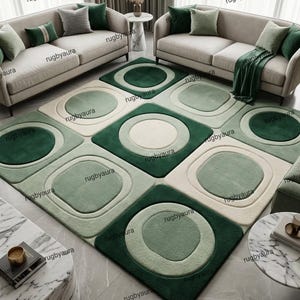 Geometric 3D Block Area Rug Mid Century Modern Hand Tufted Wool Circle Checkered Carpet Sage Dark Green Cream Thick Carved Pile 8x10 9×12
