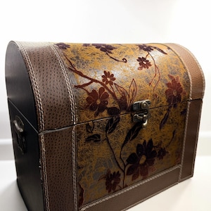 Vintage Floral Dome Top Storage Chest, Brown Flocked Flower Keepsake Trunk, Lined Decorative Box