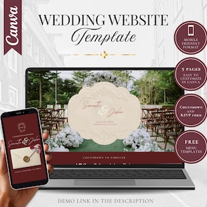 Old Money Wedding Website Template with RSVP and Countdown Timer Editable Classic Burgundy Canva Site Digital Invitation Wedding Template