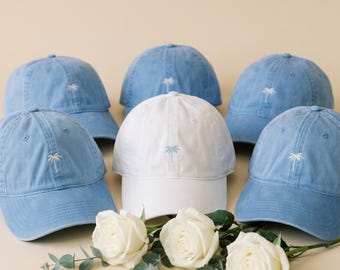 Custom Logo/Palm Tree Hat, Embroidered Dad Cap, Beach Baseball Cap, Blue Cotton Hat, Vacation Cap, Summer Hat