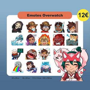 Puede incluir: Una hoja de pegatinas digitales titulada Emotes Overwatch que presenta una colección de coloridas ilustraciones de personajes de dibujos animados. El conjunto incluye varias expresiones y acciones, como personajes bebiendo, gritando y sosteniendo objetos.
